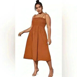 SHEIN Plus Tie Shoulder Shirred Bodice Cami Dress Coral Orange - Size 14 (1XL)